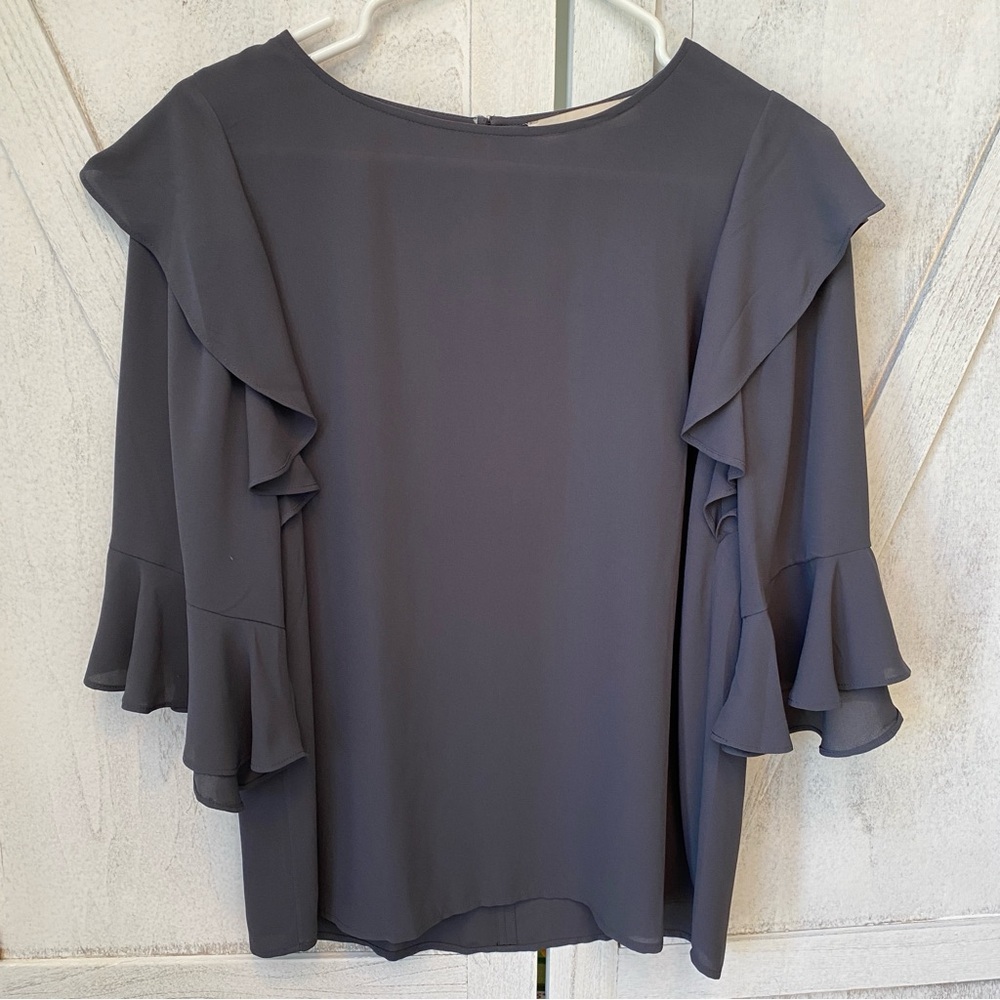 LOFT Ruffle Sleeve Peasant Top Women’s XS Charcoal Grey Semi-Sheer Feminine